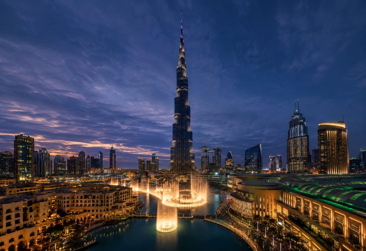 Burj Khalifa rising over Downtown Dubai at sunset