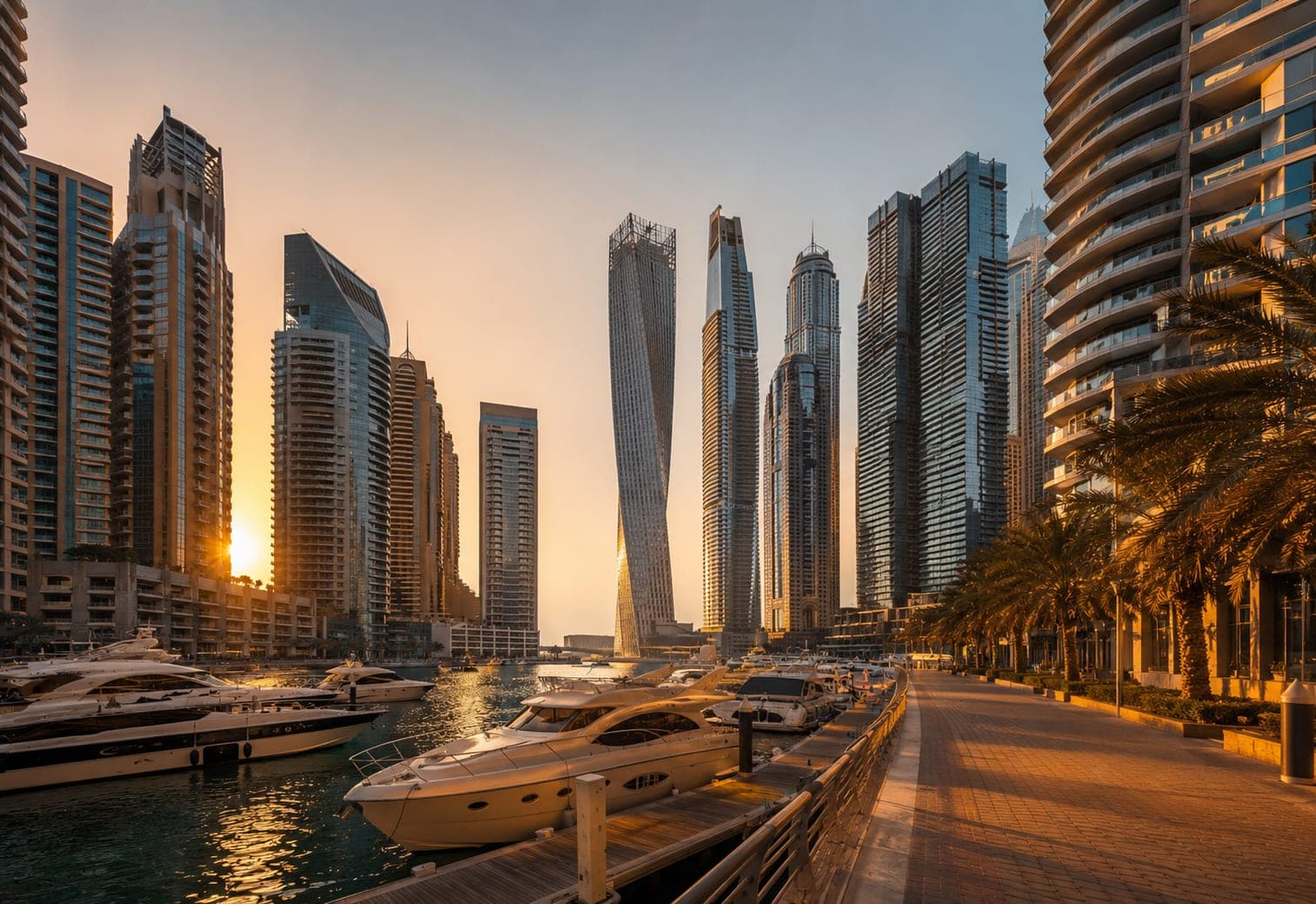 Dubai Marina with boats and luxury towers
