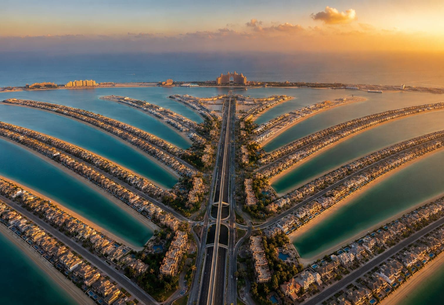 Aerial view of Palm Jumeirah at sunset, Dubai