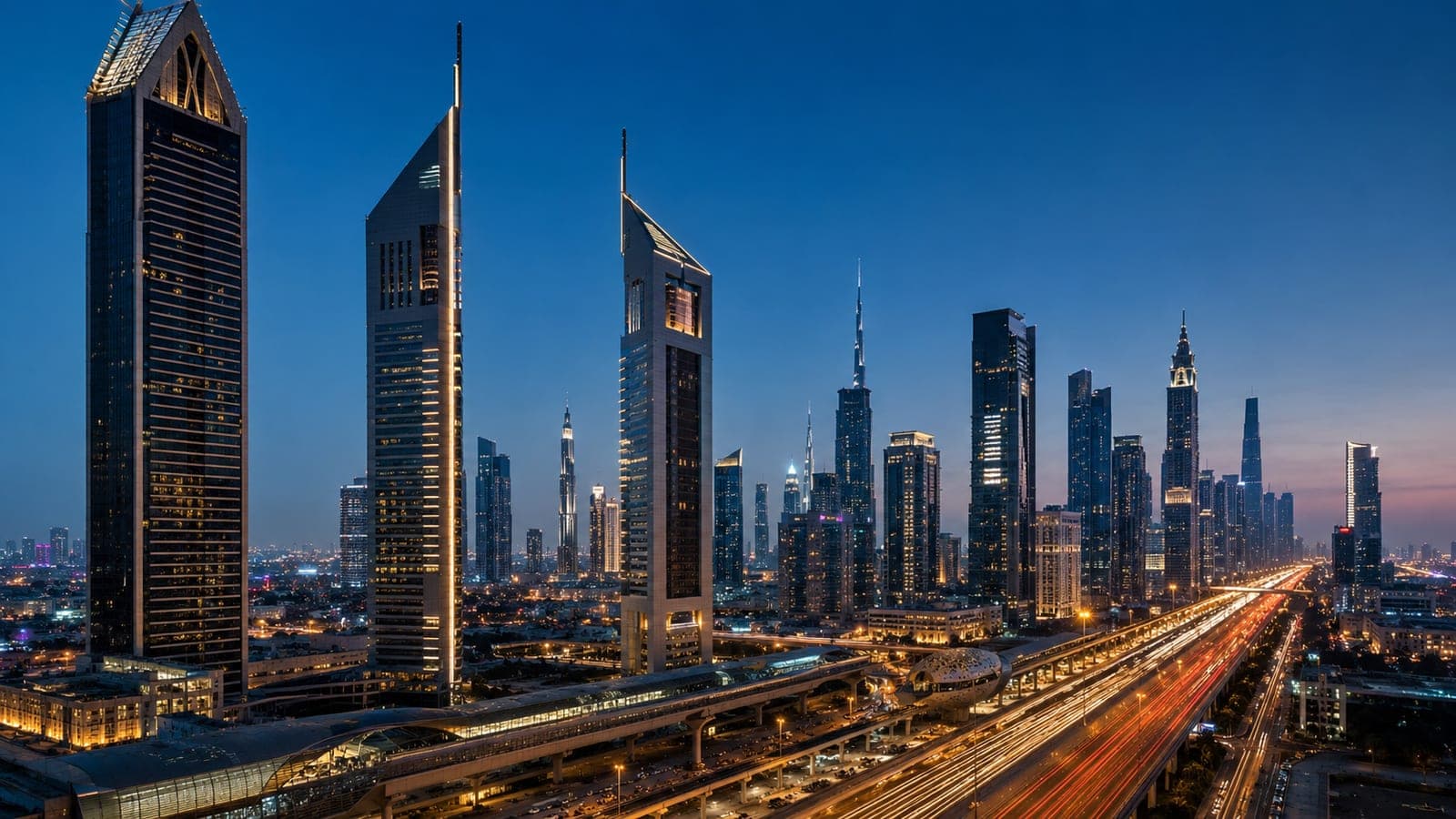 Sheikh Zayed Road towers at dusk, Dubai