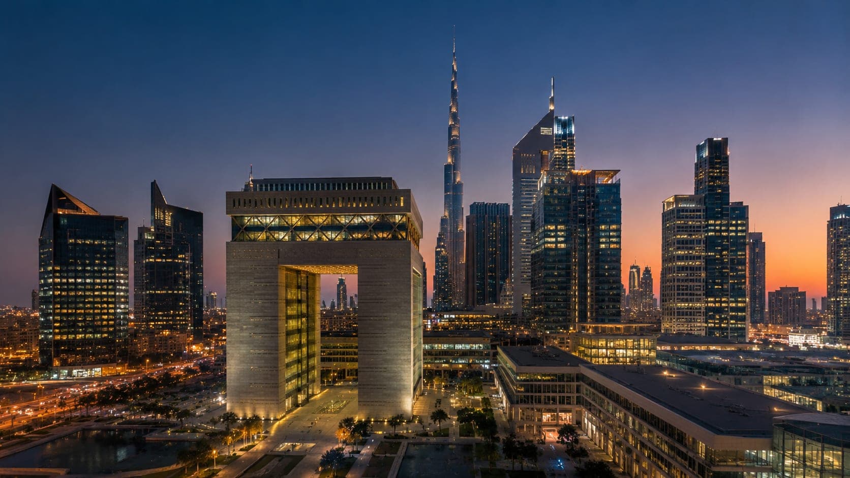 Dubai International Financial Centre at twilight