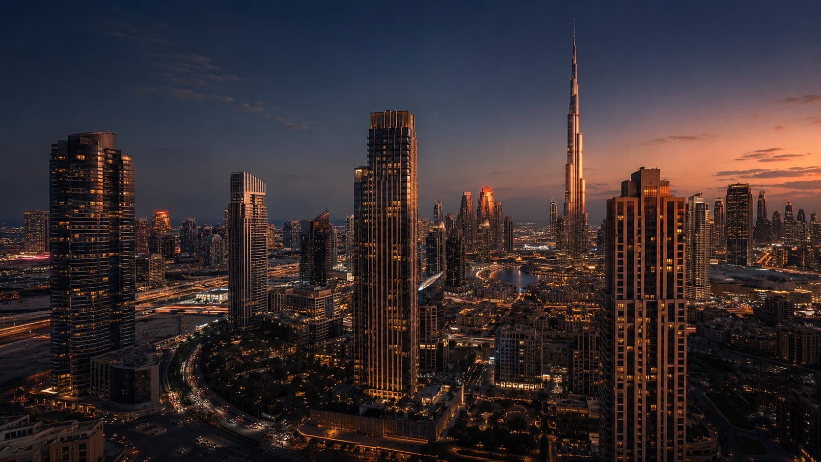 Dubai skyline at dusk, comparing off-plan projects