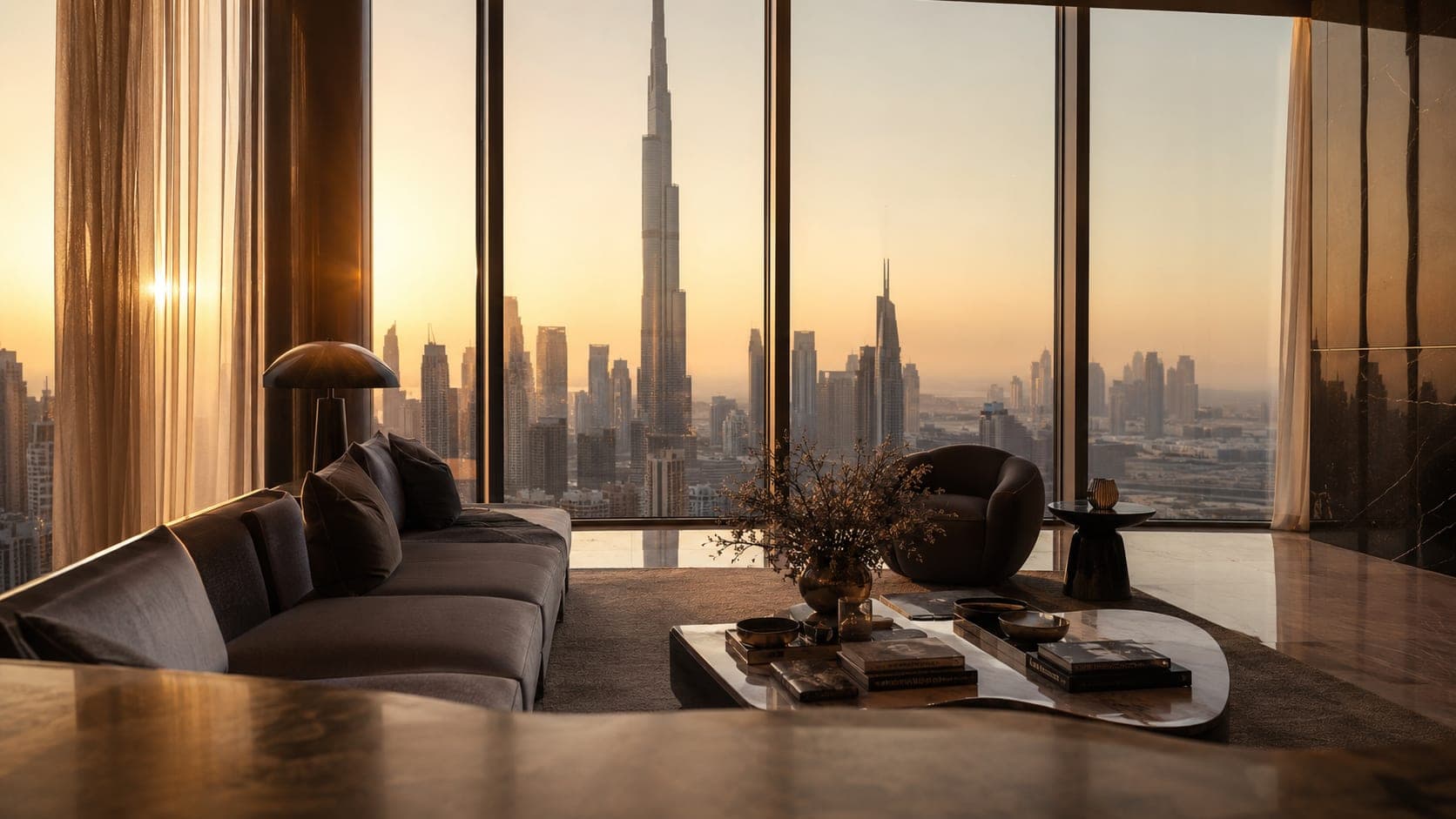 Luxury Dubai apartment interior at golden hour