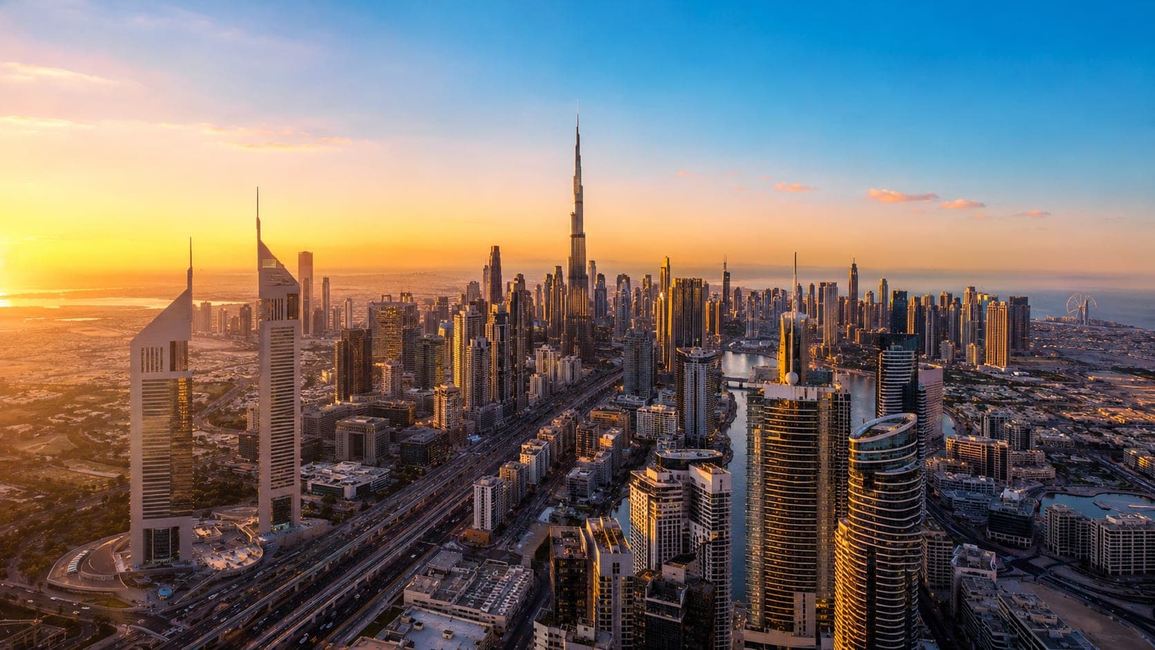 Dubai skyline at sunrise