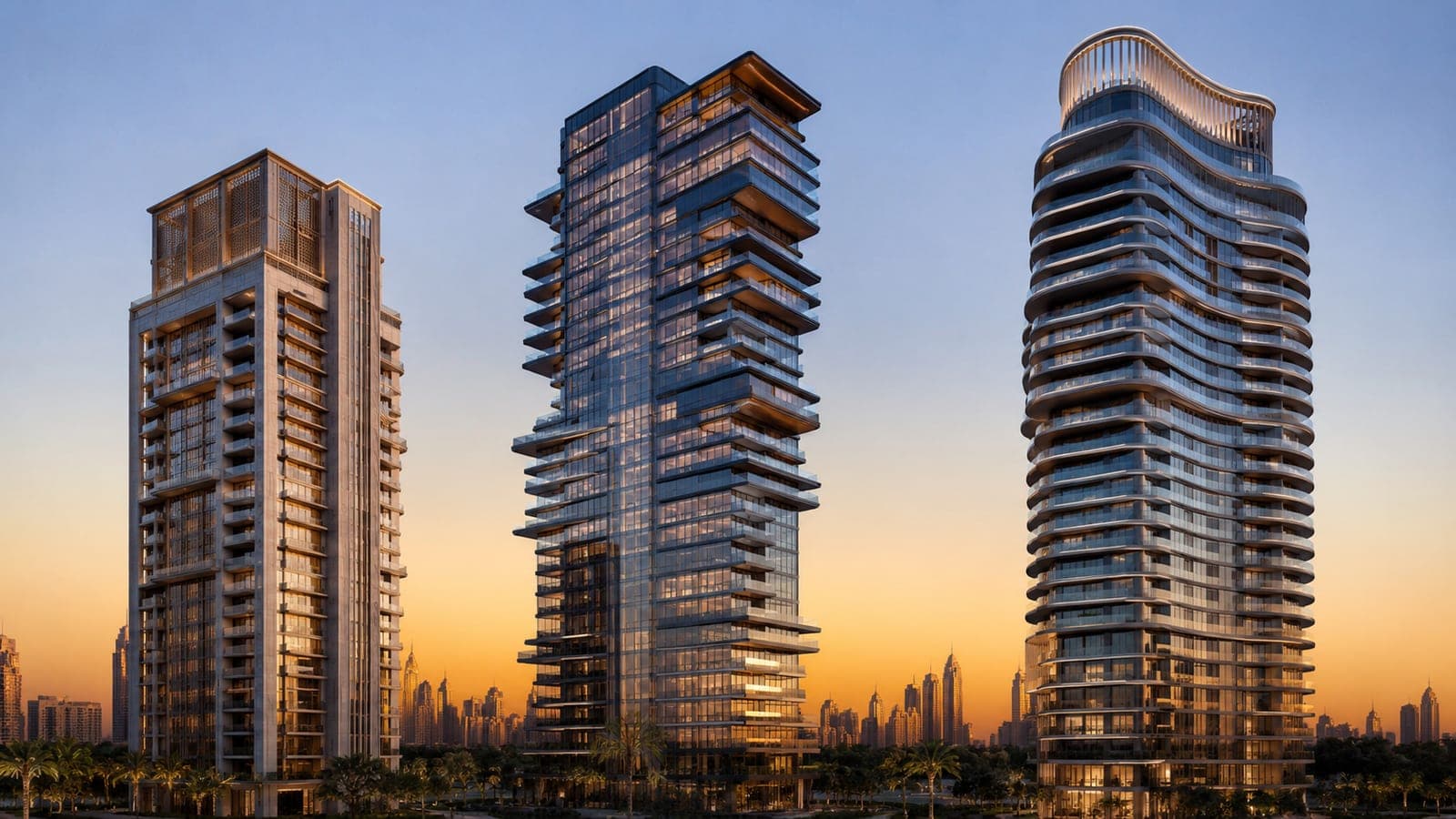 Three modern Dubai residential towers side by side at dusk