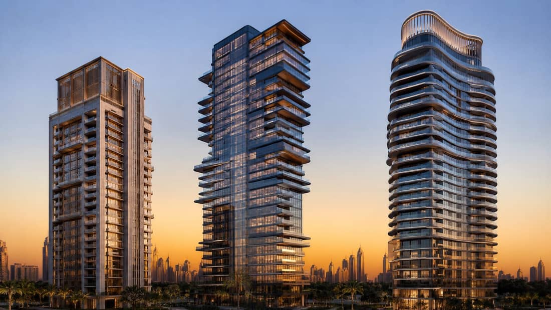 Three modern Dubai residential towers side by side at dusk