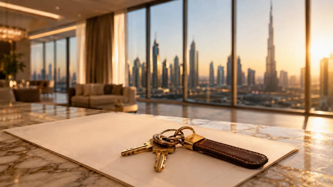 House keys on a document in a luxury Dubai apartment overlooking the skyline