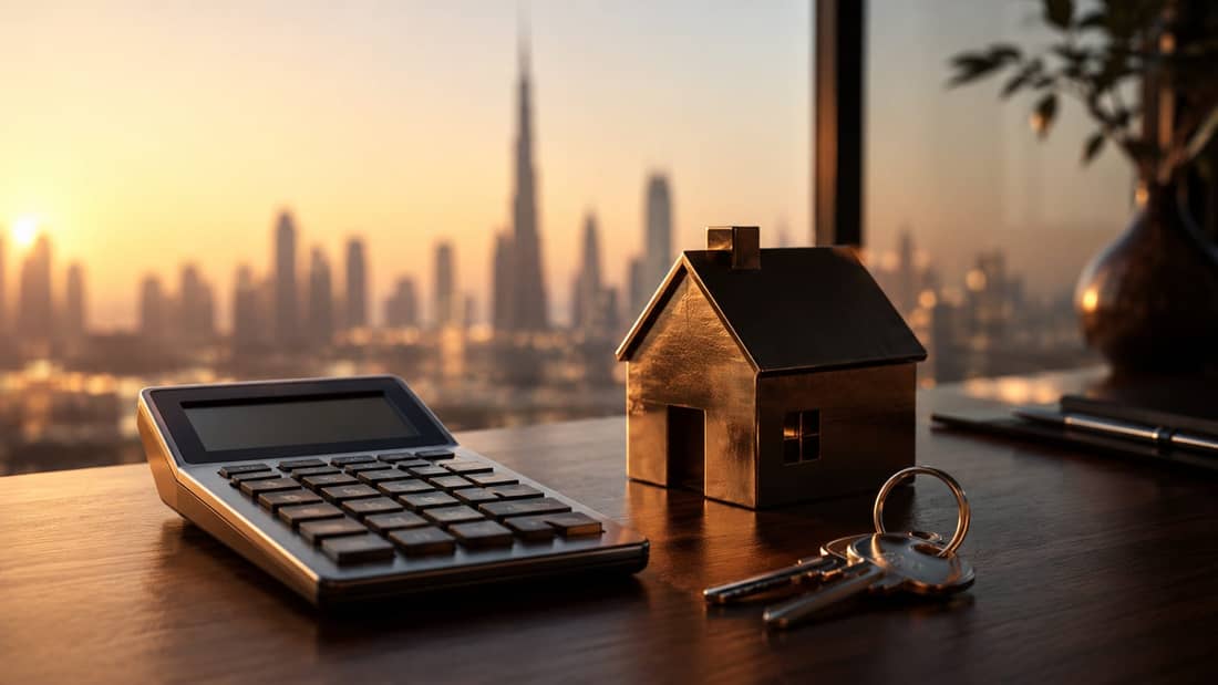Calculator, model house and keys on a desk with the Dubai skyline beyond