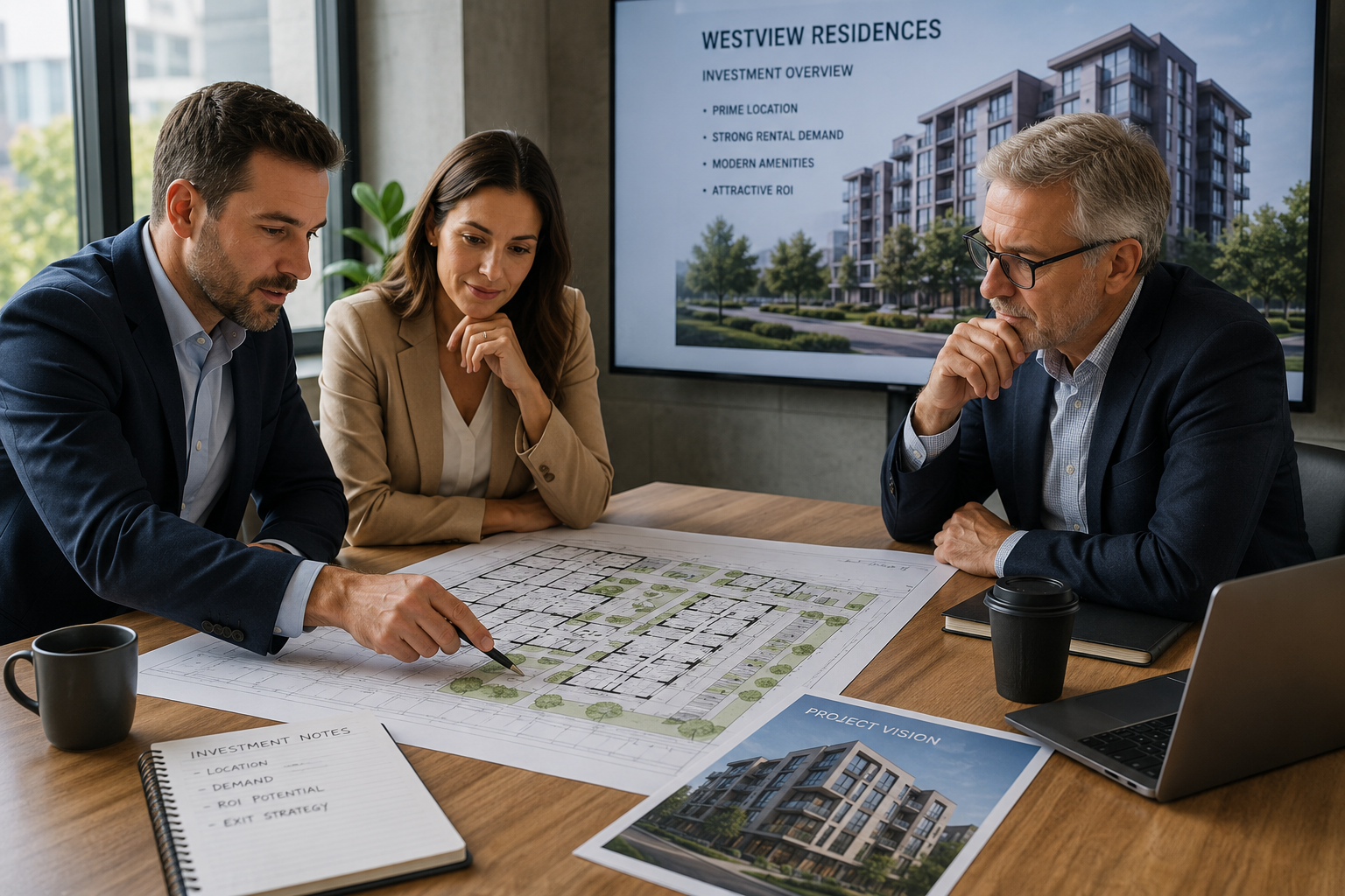 Investors and an advisor reviewing a Dubai property investment plan